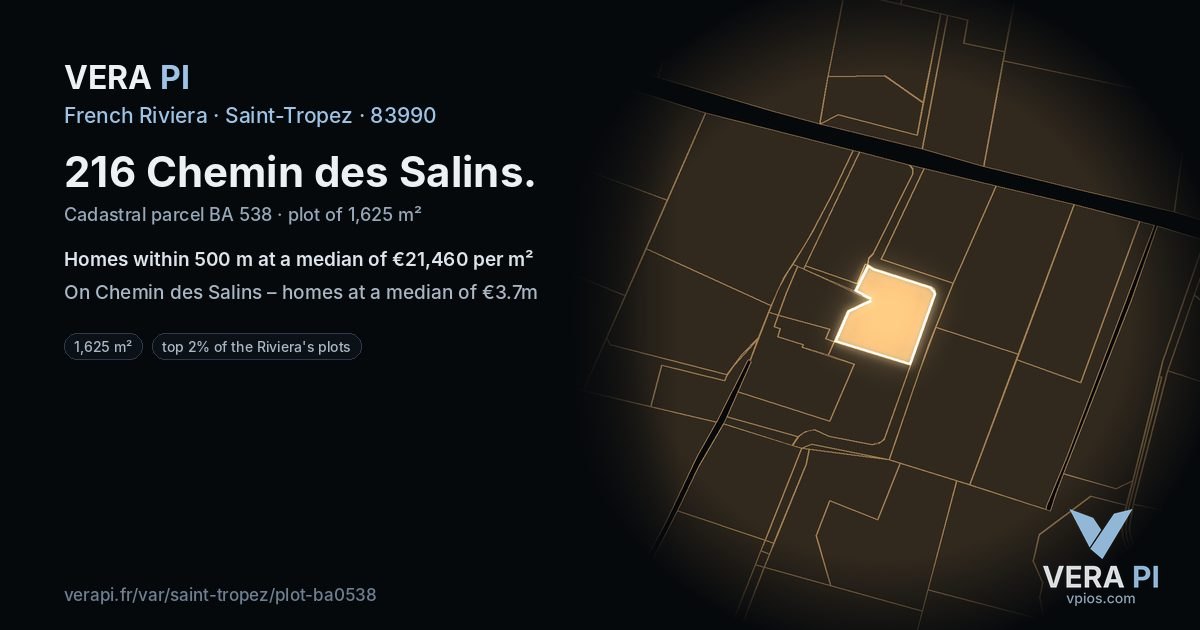 216 Chemin des Salins, Saint-Tropez at night – the plot lit, the parcels around coloured by the prices near them