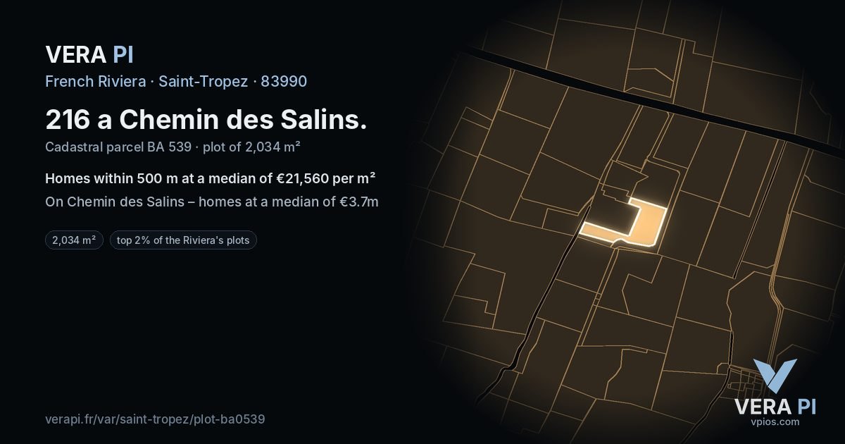 216 a Chemin des Salins, Saint-Tropez at night – the plot lit, the parcels around coloured by the prices near them