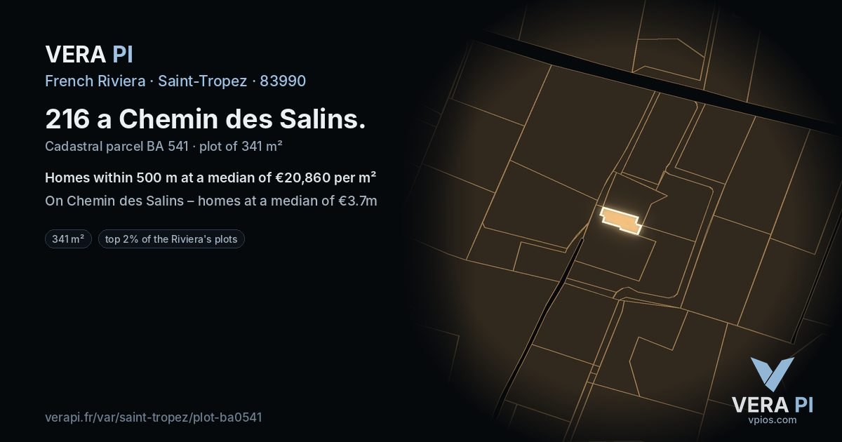 216 a Chemin des Salins, Saint-Tropez at night – the plot lit, the parcels around coloured by the prices near them