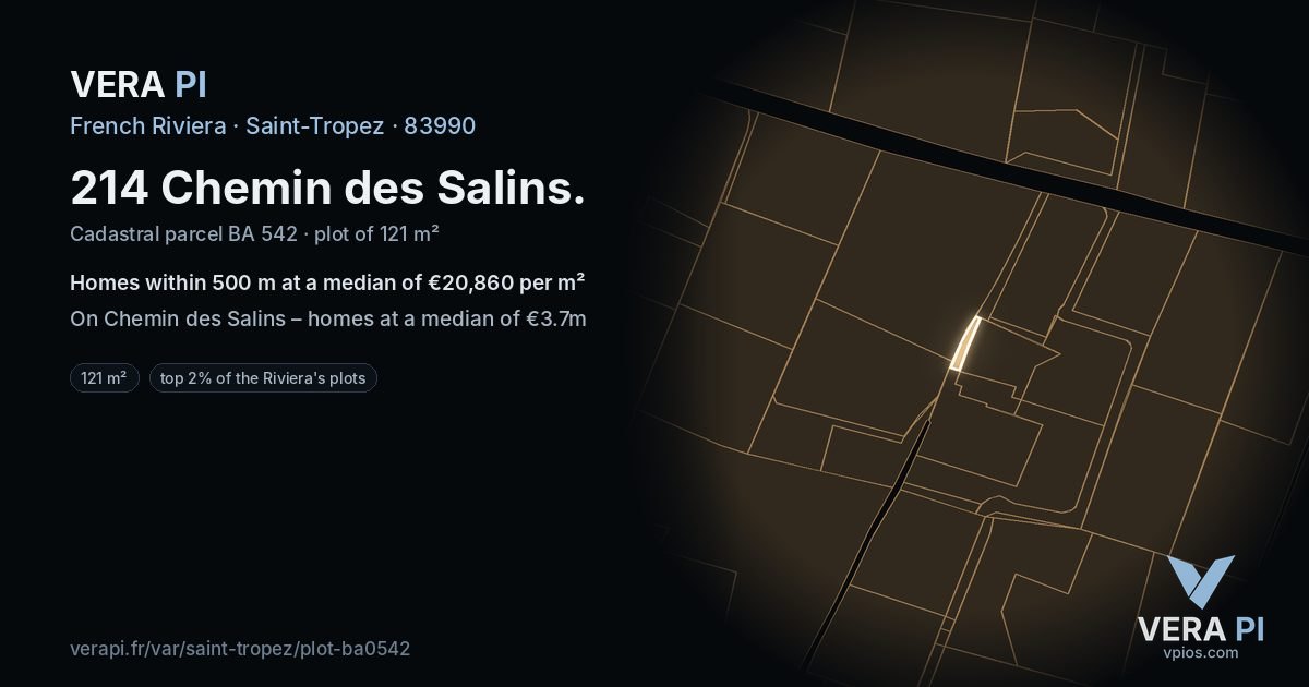 214 Chemin des Salins, Saint-Tropez at night – the plot lit, the parcels around coloured by the prices near them