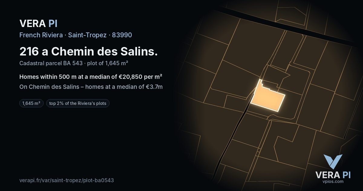216 a Chemin des Salins, Saint-Tropez at night – the plot lit, the parcels around coloured by the prices near them