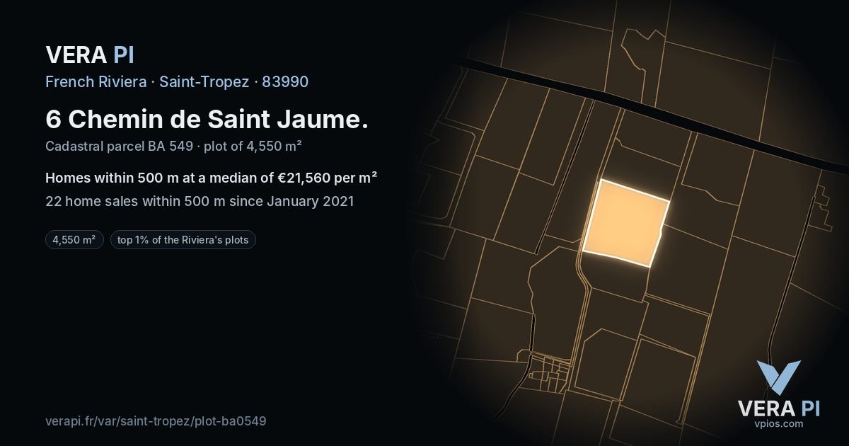 6 Chemin de Saint Jaume, Saint-Tropez at night – the plot lit, the parcels around coloured by the prices near them