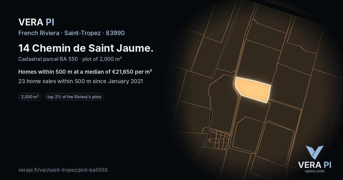 14 Chemin de Saint Jaume, Saint-Tropez at night – the plot lit, the parcels around coloured by the prices near them