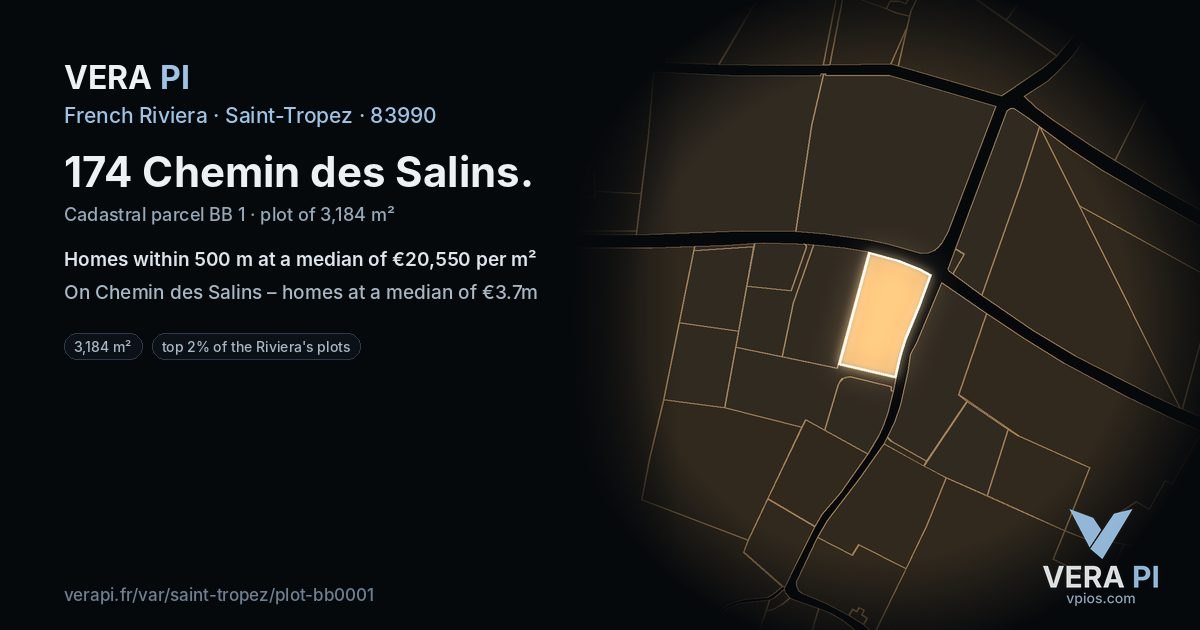 174 Chemin des Salins, Saint-Tropez at night – the plot lit, the parcels around coloured by the prices near them