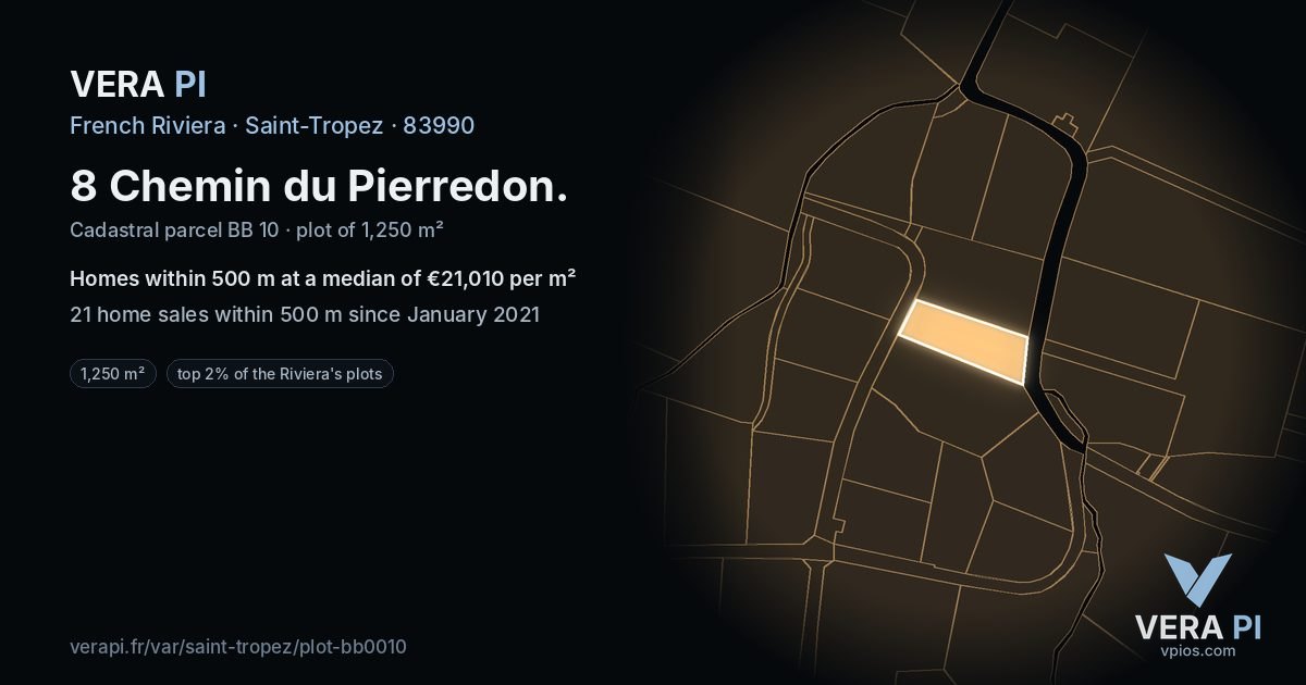 8 Chemin du Pierredon, Saint-Tropez at night – the plot lit, the parcels around coloured by the prices near them
