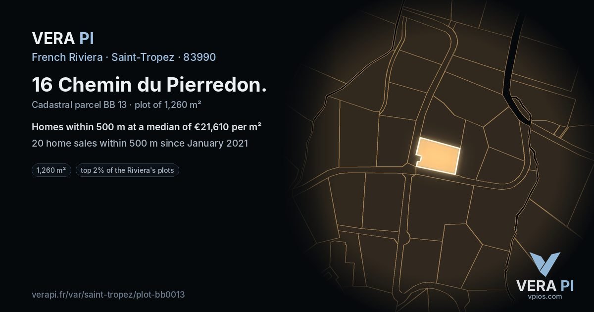 16 Chemin du Pierredon, Saint-Tropez at night – the plot lit, the parcels around coloured by the prices near them
