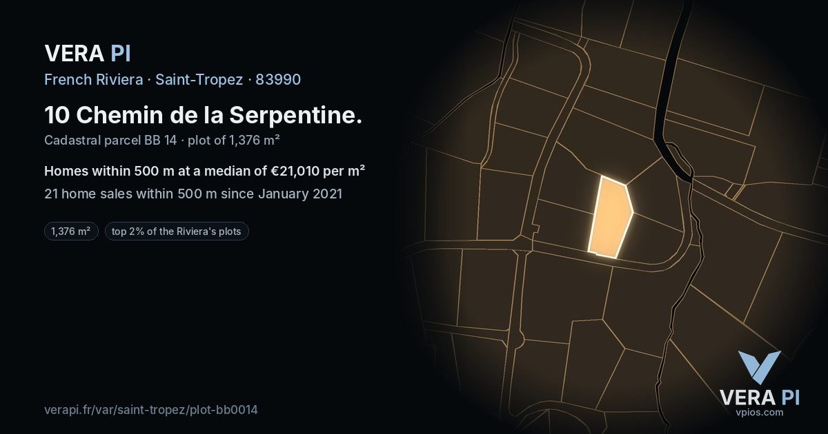 10 Chemin de la Serpentine, Saint-Tropez at night – the plot lit, the parcels around coloured by the prices near them