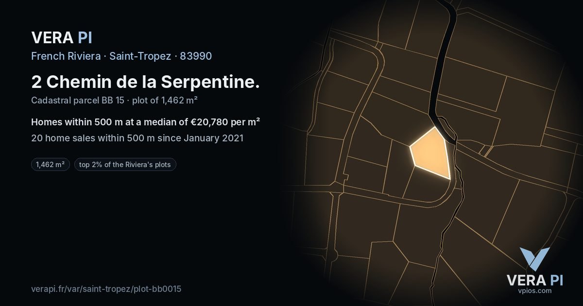 2 Chemin de la Serpentine, Saint-Tropez at night – the plot lit, the parcels around coloured by the prices near them