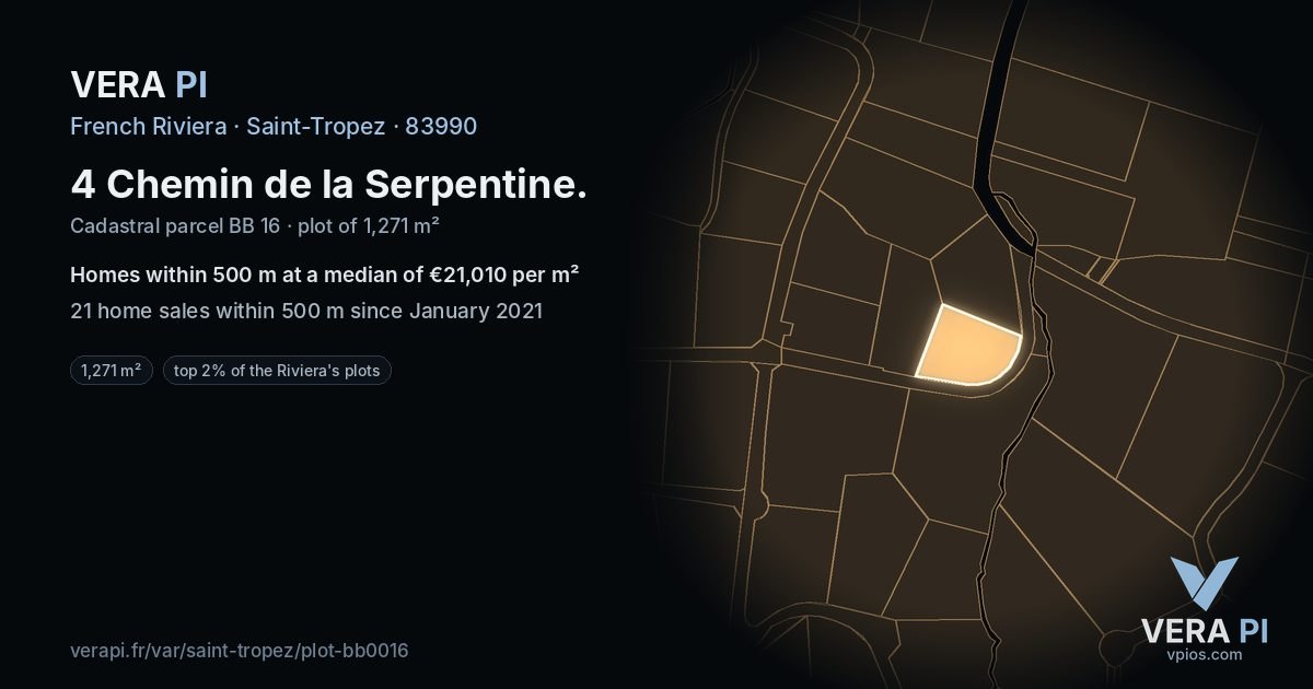 4 Chemin de la Serpentine, Saint-Tropez at night – the plot lit, the parcels around coloured by the prices near them