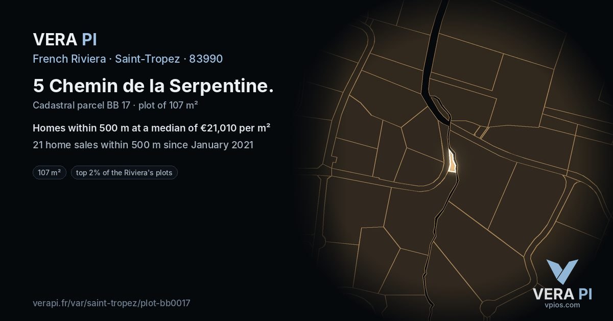 5 Chemin de la Serpentine, Saint-Tropez at night – the plot lit, the parcels around coloured by the prices near them
