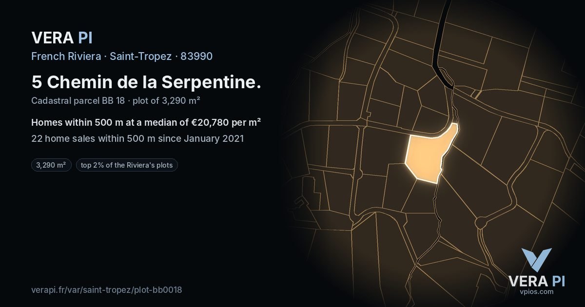 5 Chemin de la Serpentine, Saint-Tropez at night – the plot lit, the parcels around coloured by the prices near them