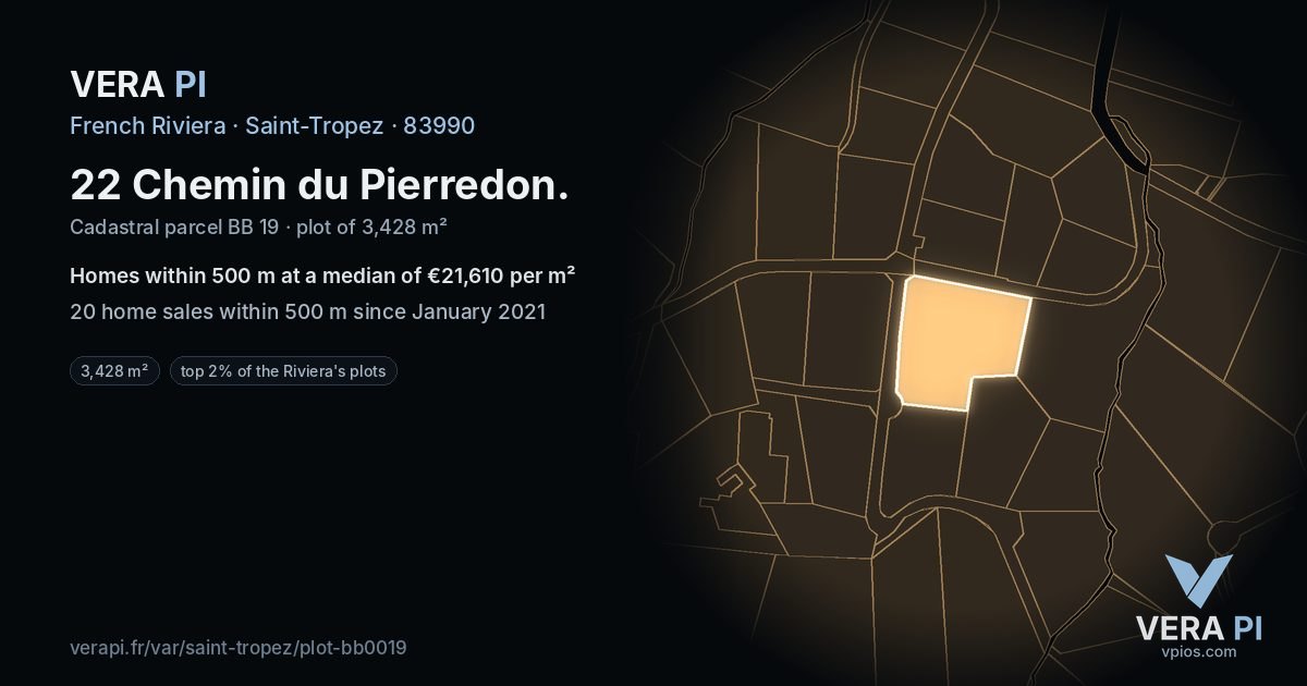 22 Chemin du Pierredon, Saint-Tropez at night – the plot lit, the parcels around coloured by the prices near them