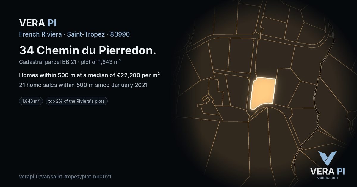 34 Chemin du Pierredon, Saint-Tropez at night – the plot lit, the parcels around coloured by the prices near them