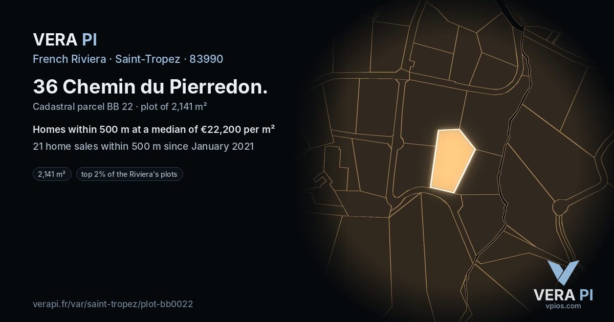 36 Chemin du Pierredon, Saint-Tropez at night – the plot lit, the parcels around coloured by the prices near them