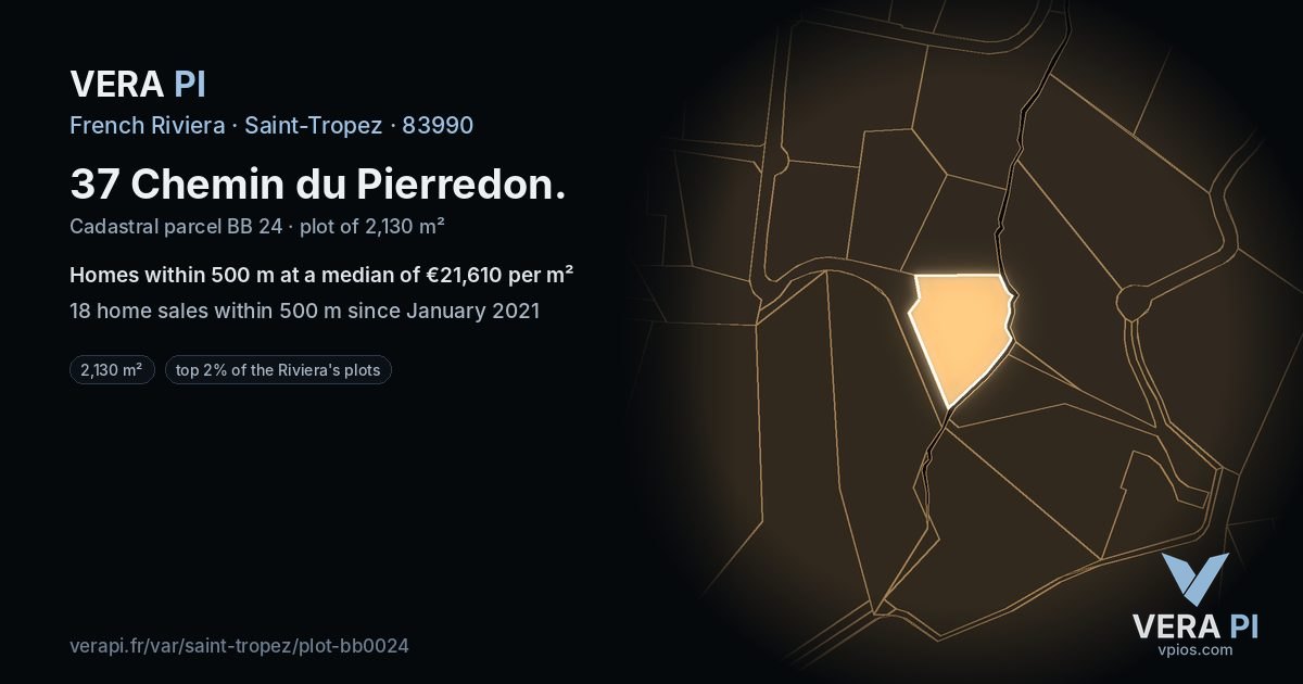 37 Chemin du Pierredon, Saint-Tropez at night – the plot lit, the parcels around coloured by the prices near them