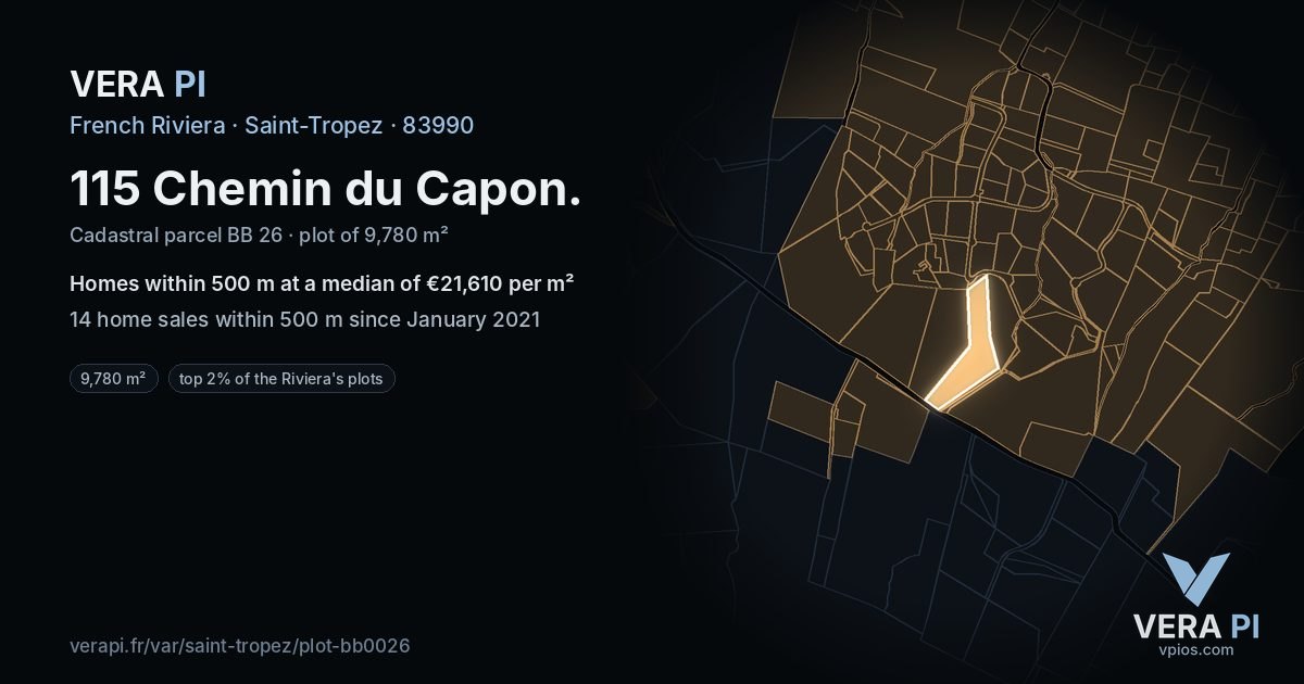 115 Chemin du Capon, Saint-Tropez at night – the plot lit, the parcels around coloured by the prices near them