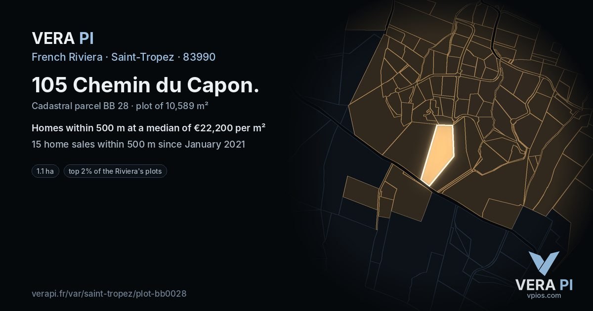 105 Chemin du Capon, Saint-Tropez at night – the plot lit, the parcels around coloured by the prices near them