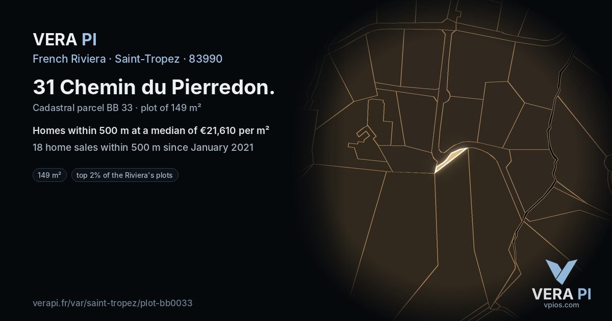 31 Chemin du Pierredon, Saint-Tropez at night – the plot lit, the parcels around coloured by the prices near them
