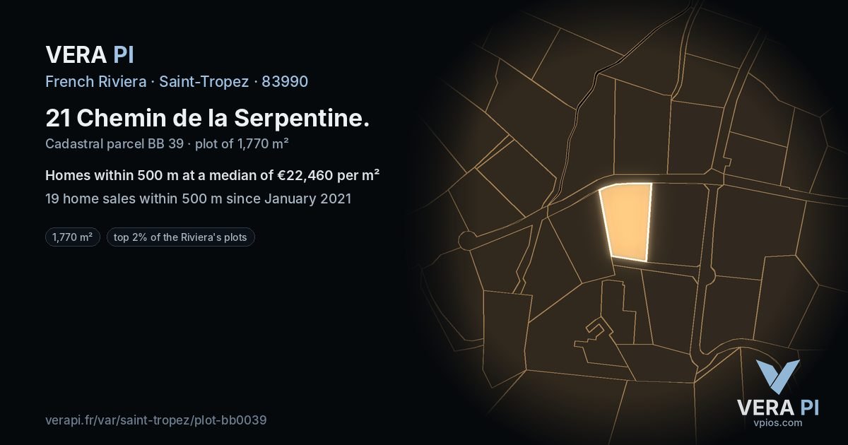 21 Chemin de la Serpentine, Saint-Tropez at night – the plot lit, the parcels around coloured by the prices near them