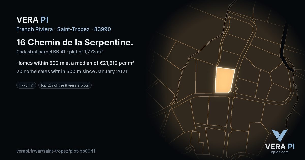 16 Chemin de la Serpentine, Saint-Tropez at night – the plot lit, the parcels around coloured by the prices near them