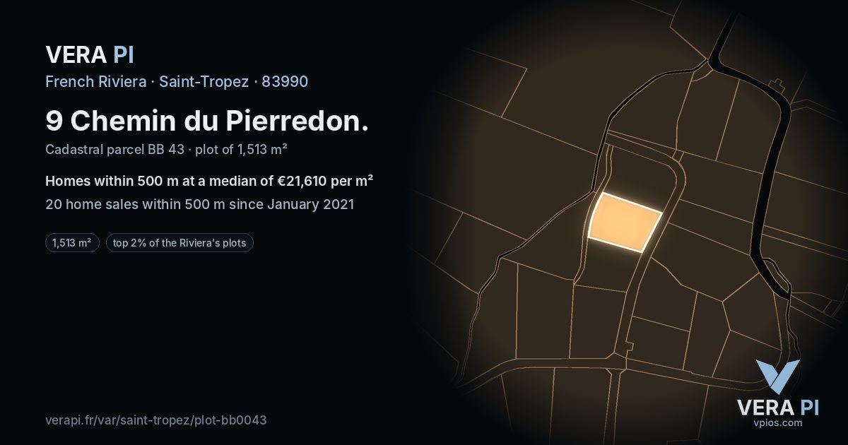 9 Chemin du Pierredon, Saint-Tropez at night – the plot lit, the parcels around coloured by the prices near them