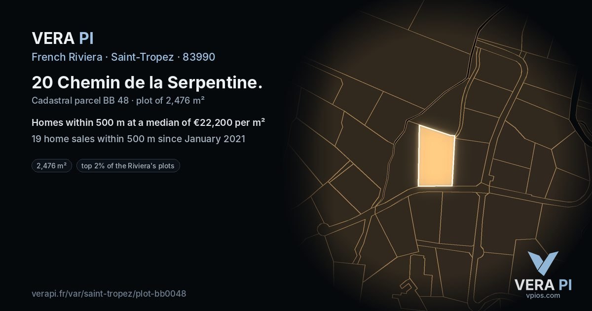 20 Chemin de la Serpentine, Saint-Tropez at night – the plot lit, the parcels around coloured by the prices near them