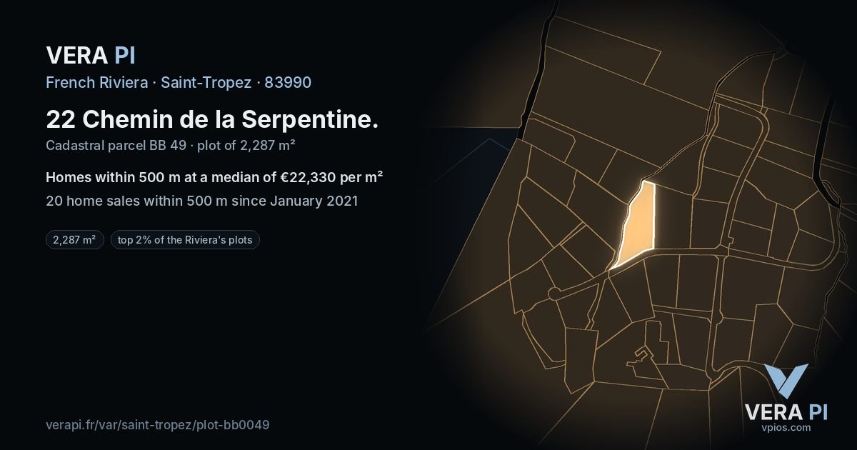 22 Chemin de la Serpentine, Saint-Tropez at night – the plot lit, the parcels around coloured by the prices near them