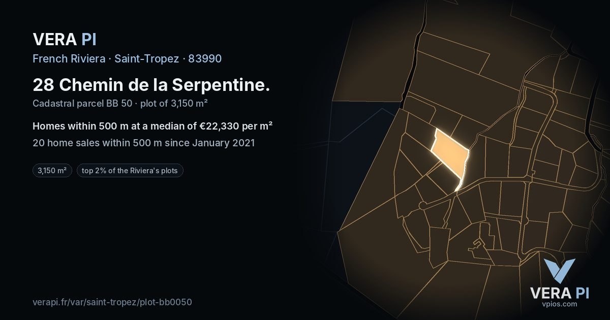 28 Chemin de la Serpentine, Saint-Tropez at night – the plot lit, the parcels around coloured by the prices near them