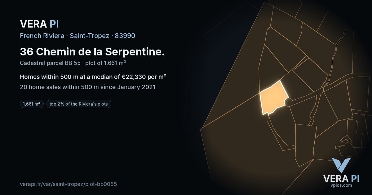 36 Chemin de la Serpentine, Saint-Tropez at night – the plot lit, the parcels around coloured by the prices near them