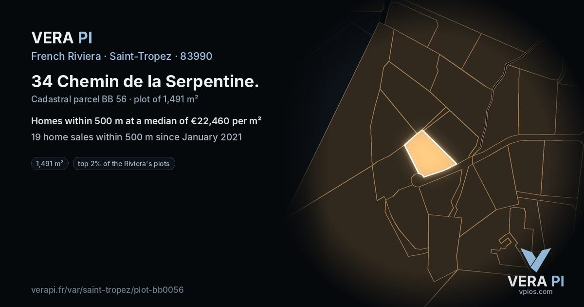 34 Chemin de la Serpentine, Saint-Tropez at night – the plot lit, the parcels around coloured by the prices near them