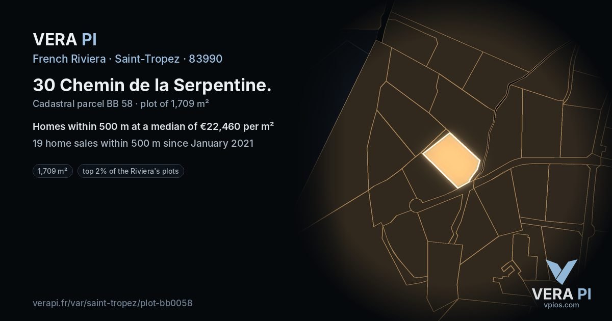 30 Chemin de la Serpentine, Saint-Tropez at night – the plot lit, the parcels around coloured by the prices near them