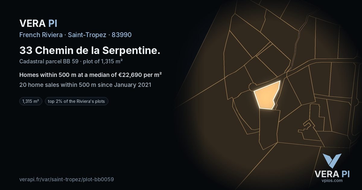33 Chemin de la Serpentine, Saint-Tropez at night – the plot lit, the parcels around coloured by the prices near them