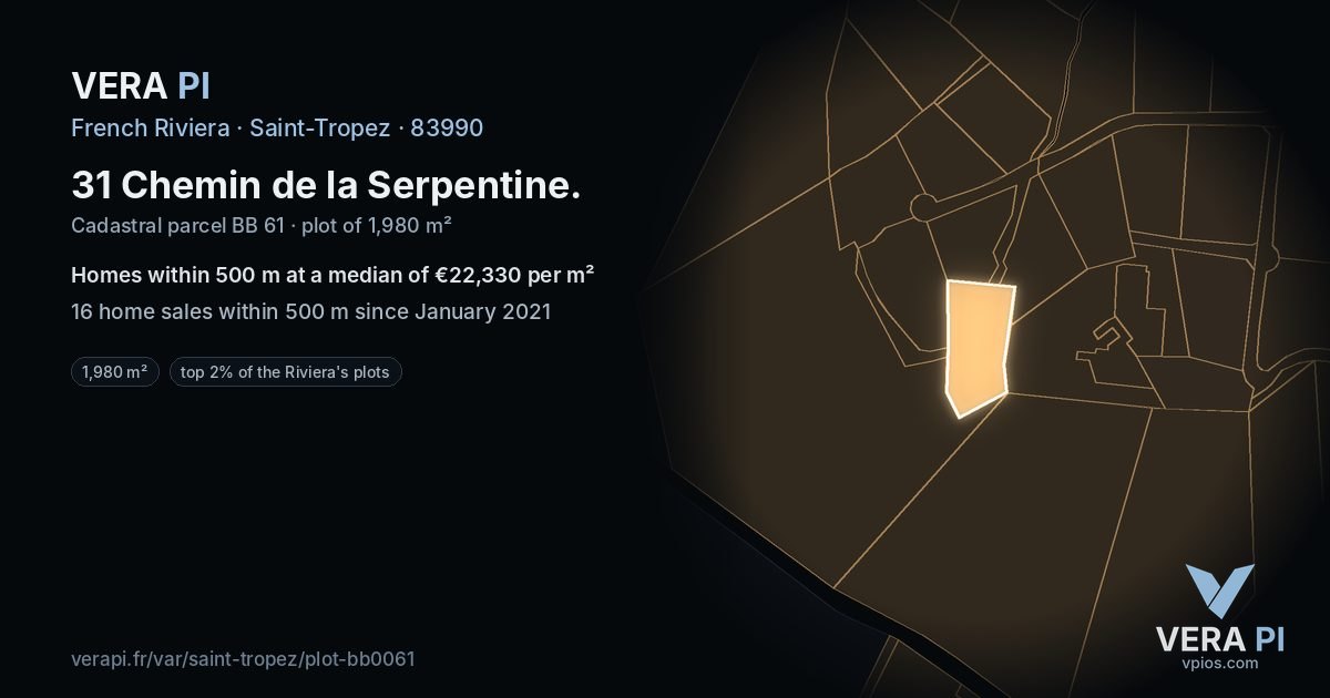 31 Chemin de la Serpentine, Saint-Tropez at night – the plot lit, the parcels around coloured by the prices near them