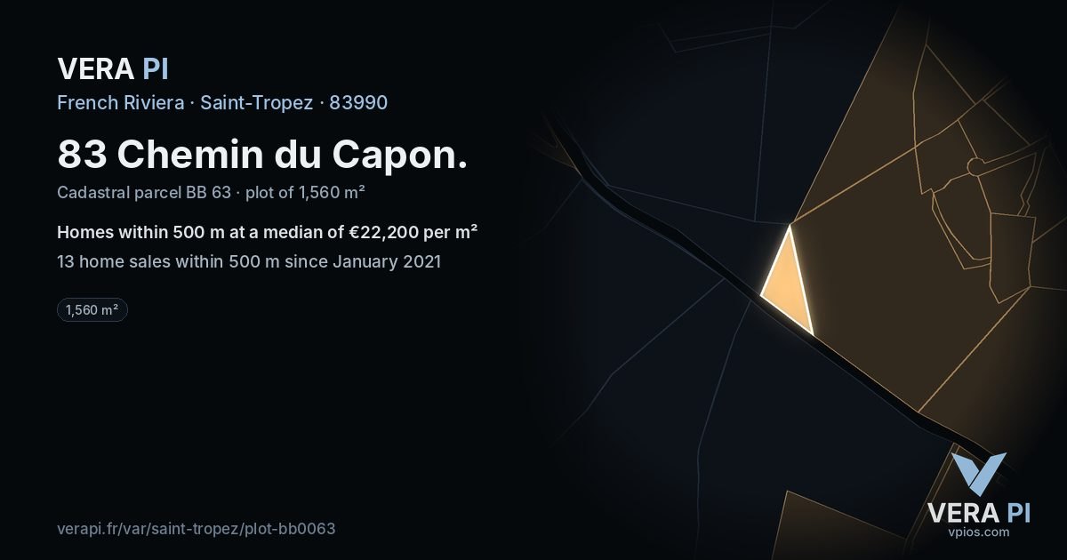 83 Chemin du Capon, Saint-Tropez at night – the plot lit, the parcels around coloured by the prices near them