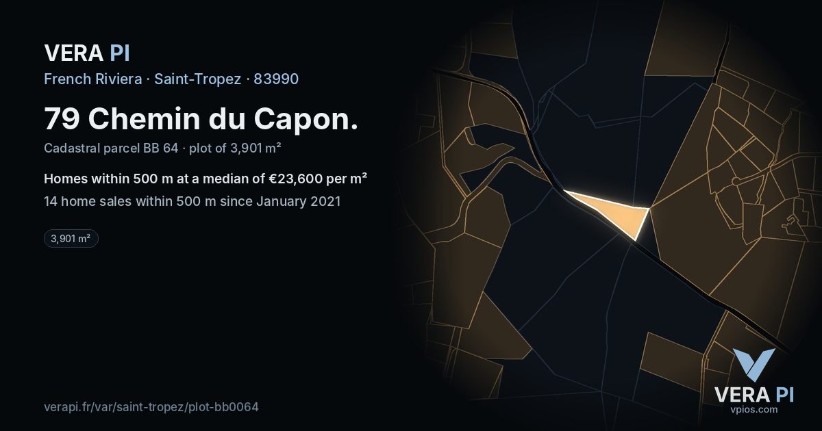 79 Chemin du Capon, Saint-Tropez at night – the plot lit, the parcels around coloured by the prices near them