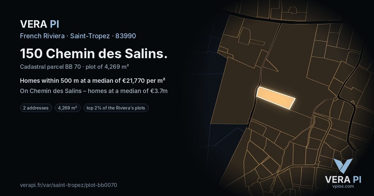150 Chemin des Salins, Saint-Tropez at night – the plot lit, the parcels around coloured by the prices near them