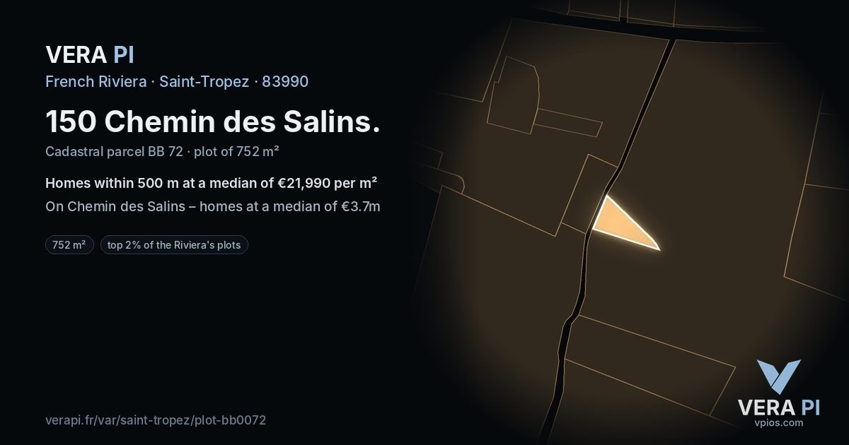 150 Chemin des Salins, Saint-Tropez at night – the plot lit, the parcels around coloured by the prices near them