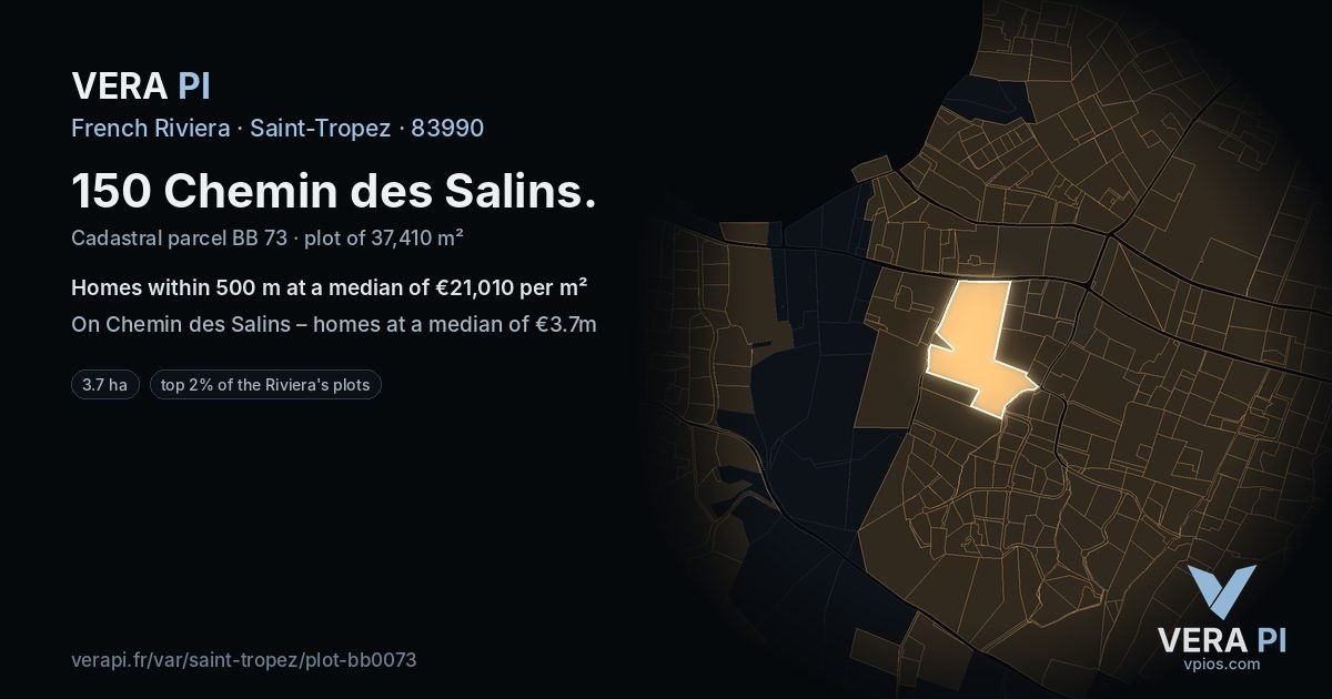 150 Chemin des Salins, Saint-Tropez at night – the plot lit, the parcels around coloured by the prices near them