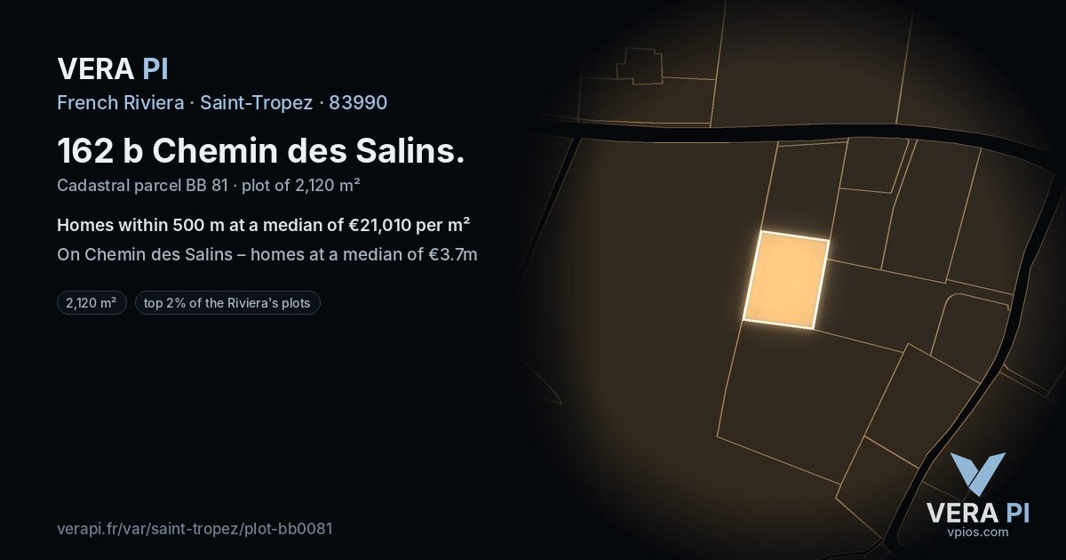 162 b Chemin des Salins, Saint-Tropez at night – the plot lit, the parcels around coloured by the prices near them
