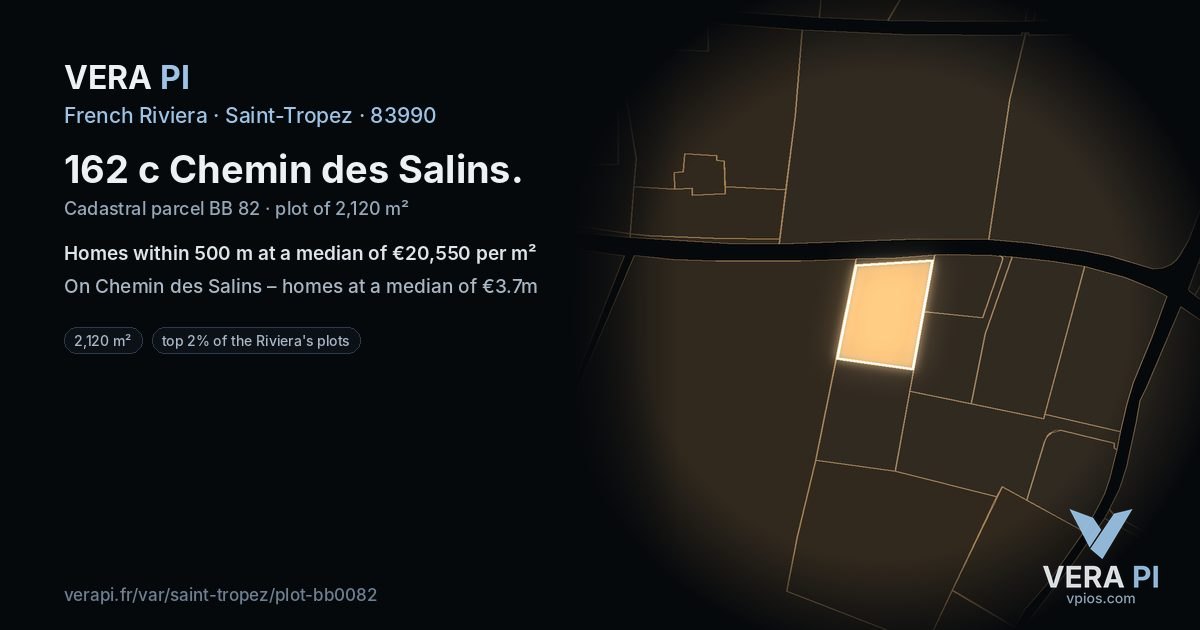 162 c Chemin des Salins, Saint-Tropez at night – the plot lit, the parcels around coloured by the prices near them