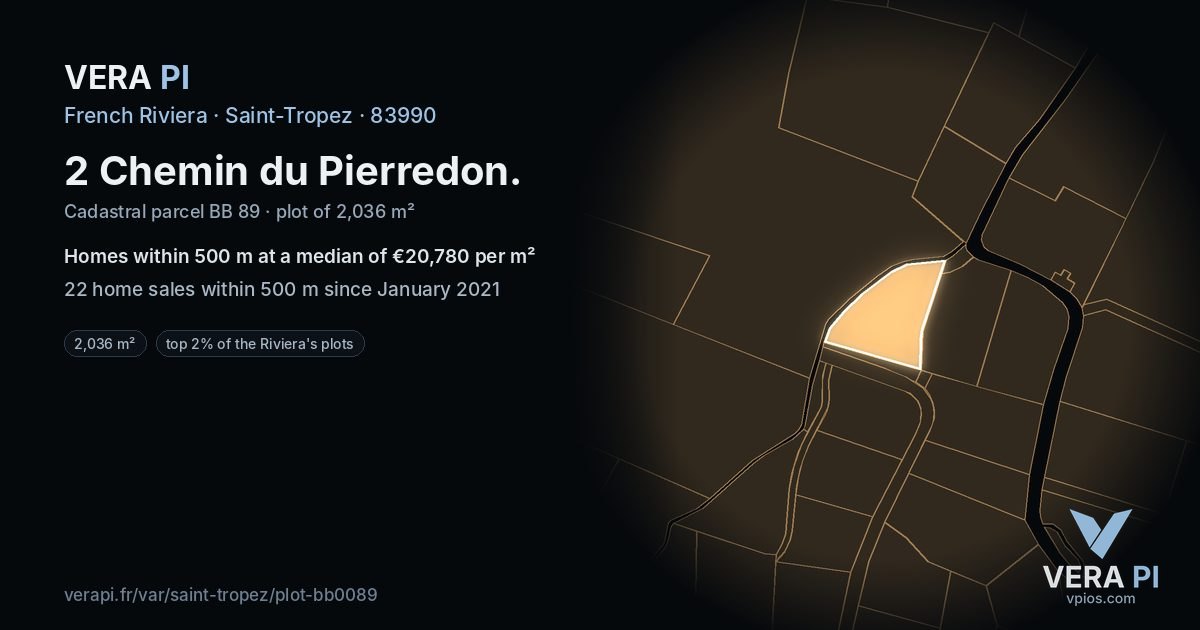 2 Chemin du Pierredon, Saint-Tropez at night – the plot lit, the parcels around coloured by the prices near them