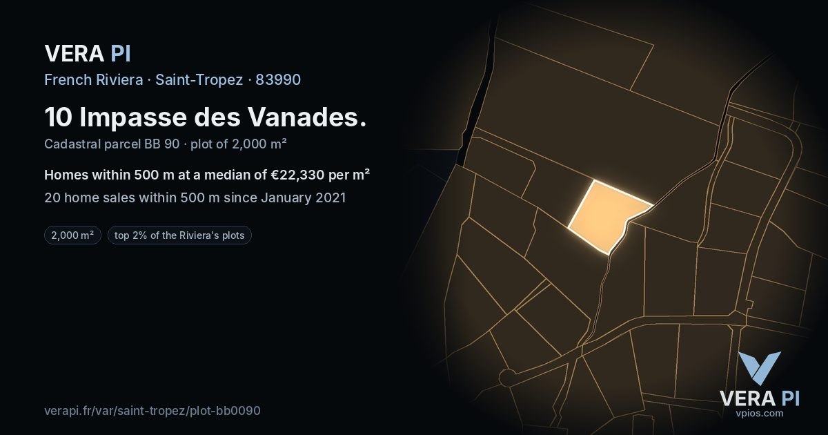 10 Impasse des Vanades, Saint-Tropez at night – the plot lit, the parcels around coloured by the prices near them