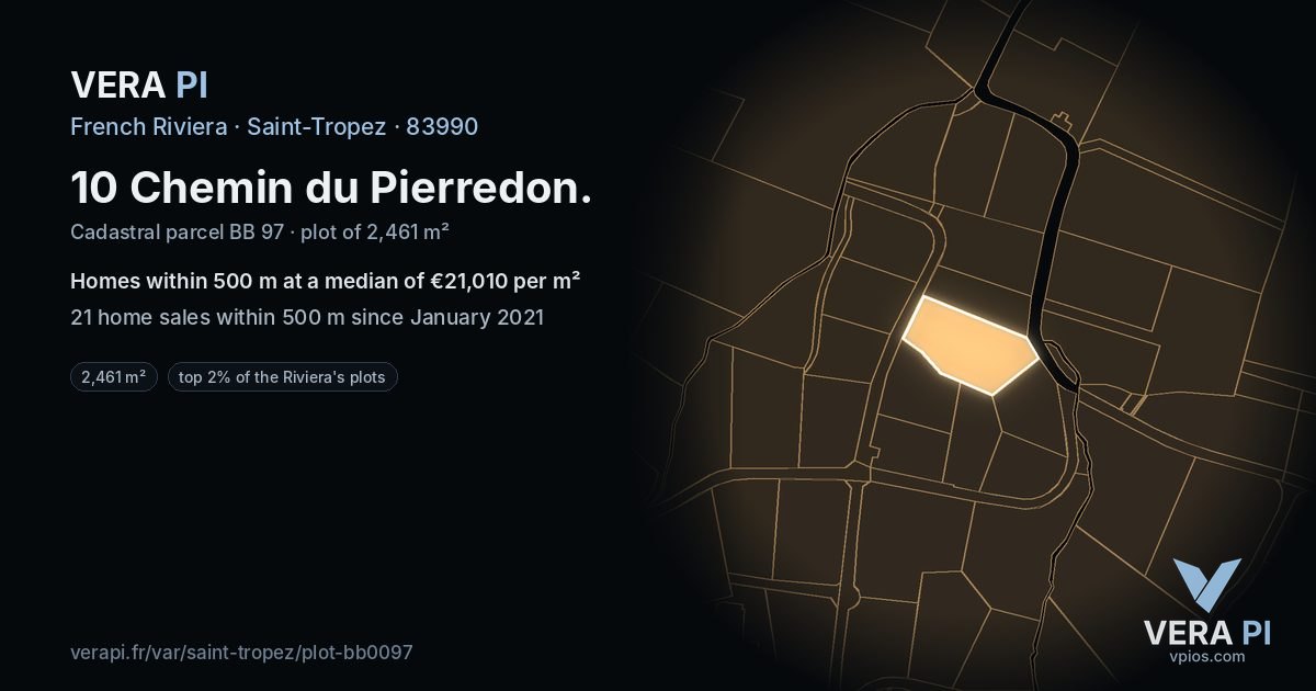 10 Chemin du Pierredon, Saint-Tropez at night – the plot lit, the parcels around coloured by the prices near them
