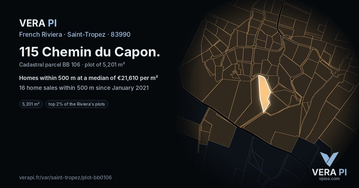 115 Chemin du Capon, Saint-Tropez at night – the plot lit, the parcels around coloured by the prices near them