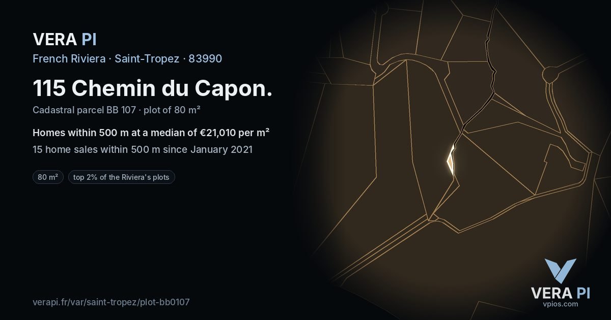115 Chemin du Capon, Saint-Tropez at night – the plot lit, the parcels around coloured by the prices near them
