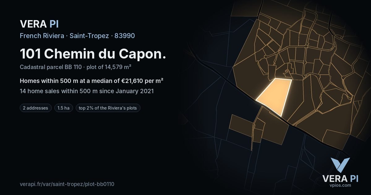 101 Chemin du Capon, Saint-Tropez at night – the plot lit, the parcels around coloured by the prices near them