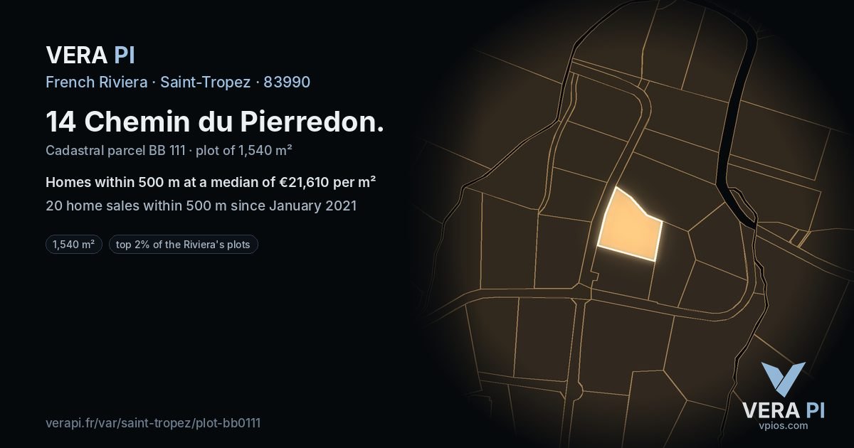 14 Chemin du Pierredon, Saint-Tropez at night – the plot lit, the parcels around coloured by the prices near them