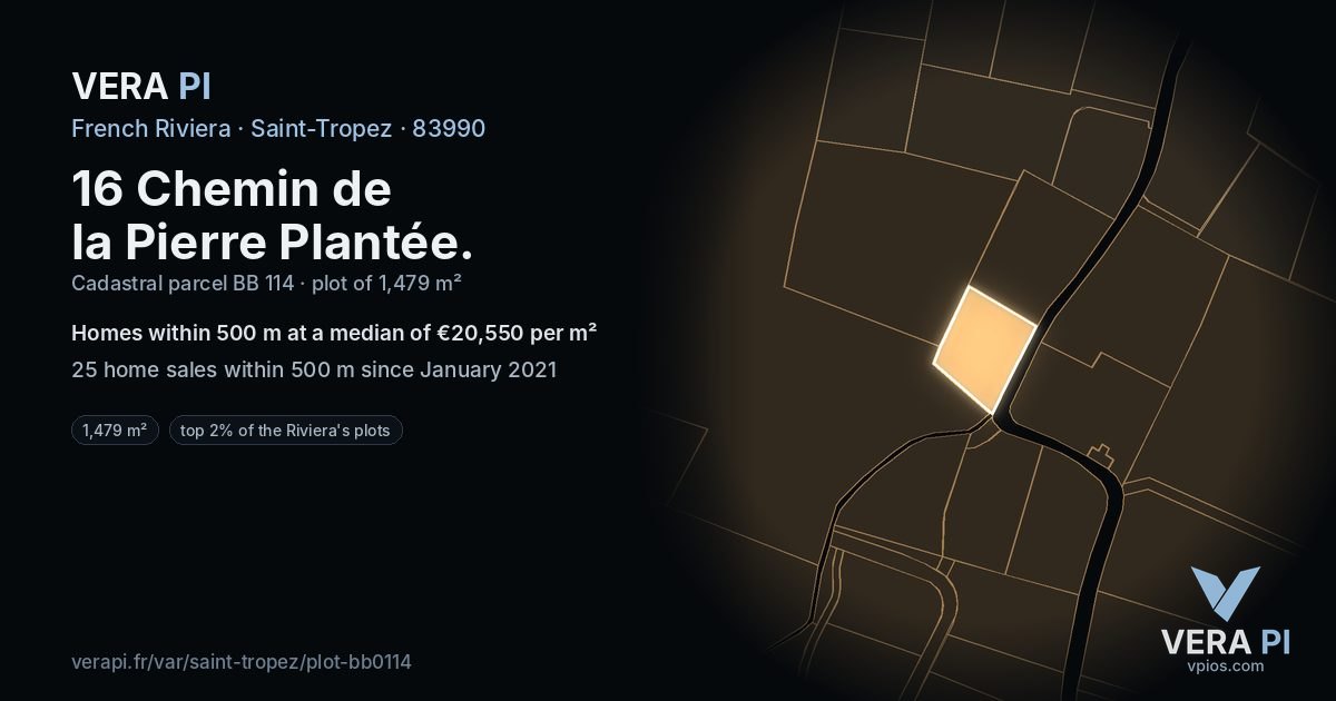 16 Chemin de la Pierre Plantée, Saint-Tropez at night – the plot lit, the parcels around coloured by the prices near them