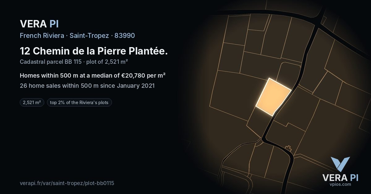 12 Chemin de la Pierre Plantée, Saint-Tropez at night – the plot lit, the parcels around coloured by the prices near them