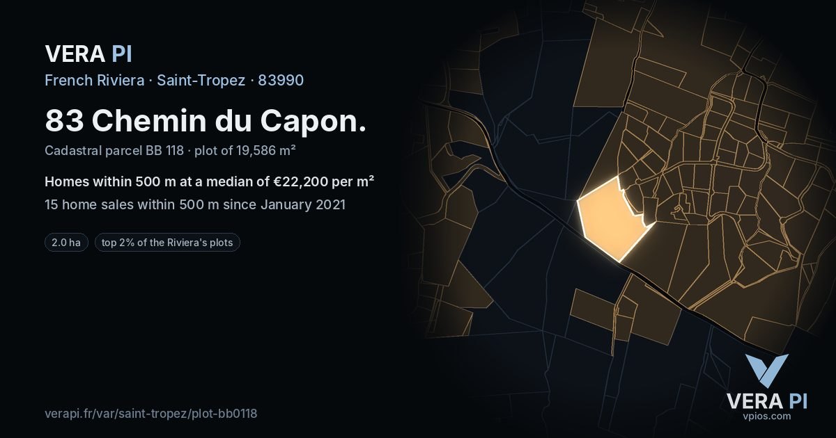 83 Chemin du Capon, Saint-Tropez at night – the plot lit, the parcels around coloured by the prices near them
